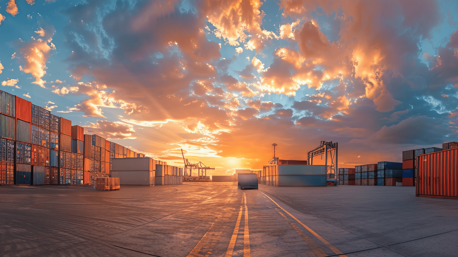 Container yard at sunset